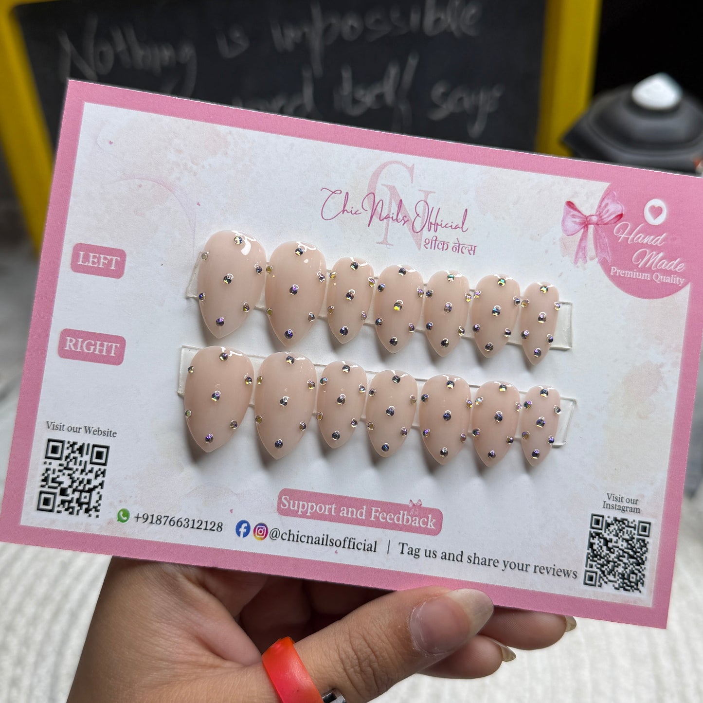 Glamstone nude press on nails with rhinestone nail art and glossy finish by Chic Nails India