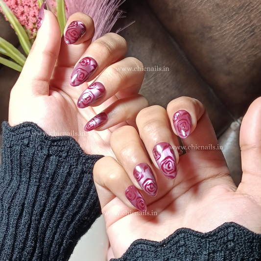 Rose Glow cat eye press on nails with rose nail art by Chic Nails India