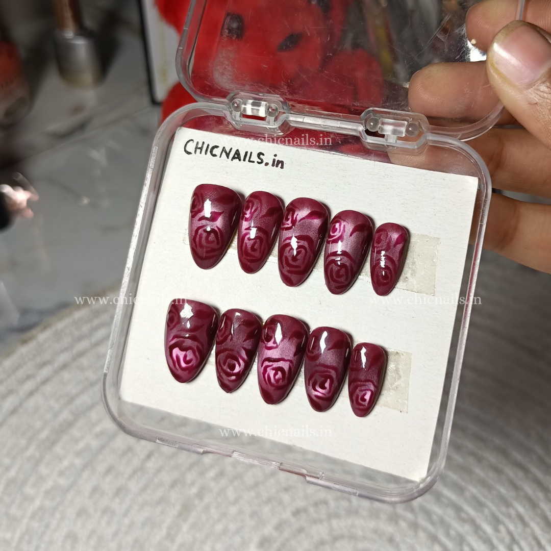 Rose Glow cat eye press on nails with rose nail art by Chic Nails India