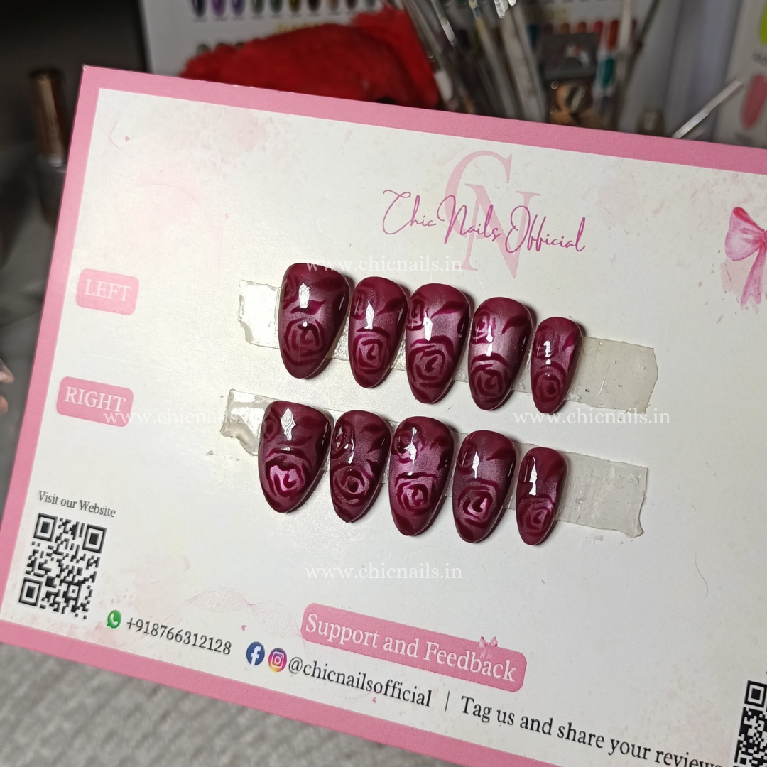 Rose Glow cat eye press on nails with rose nail art by Chic Nails India