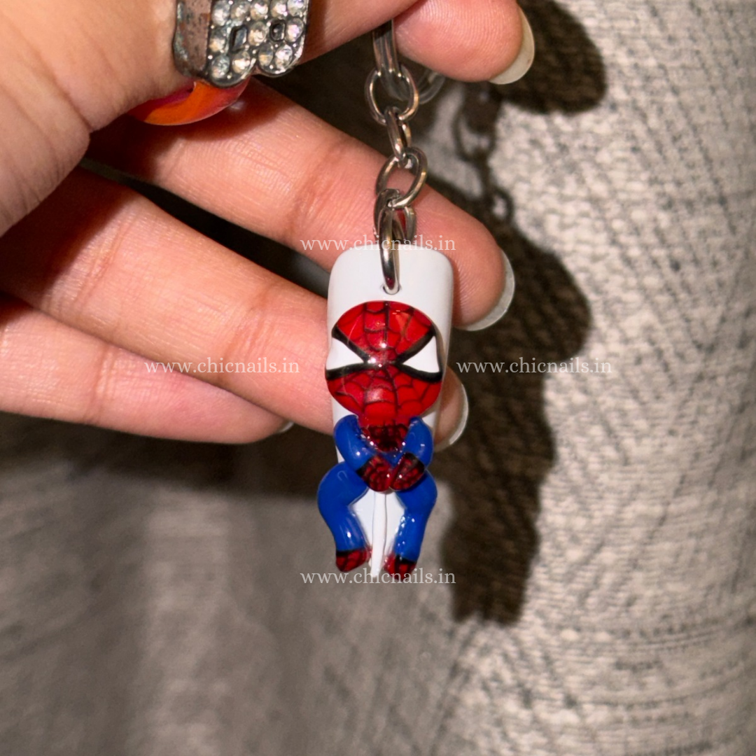 Spidey 3D Spider-Man nail keychain by ChicNails India with red, blue and web-inspired detailing