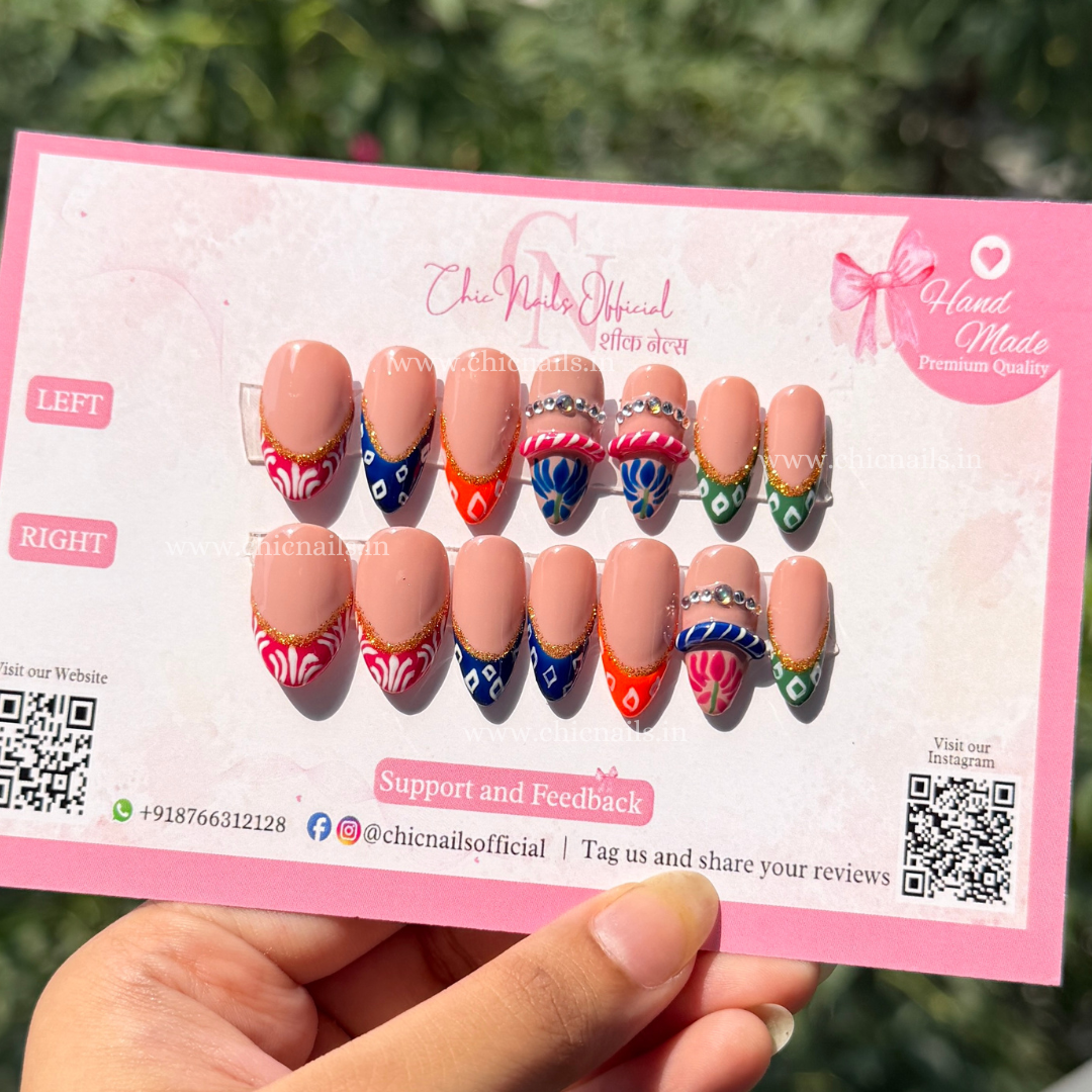 GarbaRang multicolor French Navratri press-on nails with festive Garba-inspired detailing by Chic Nails India.