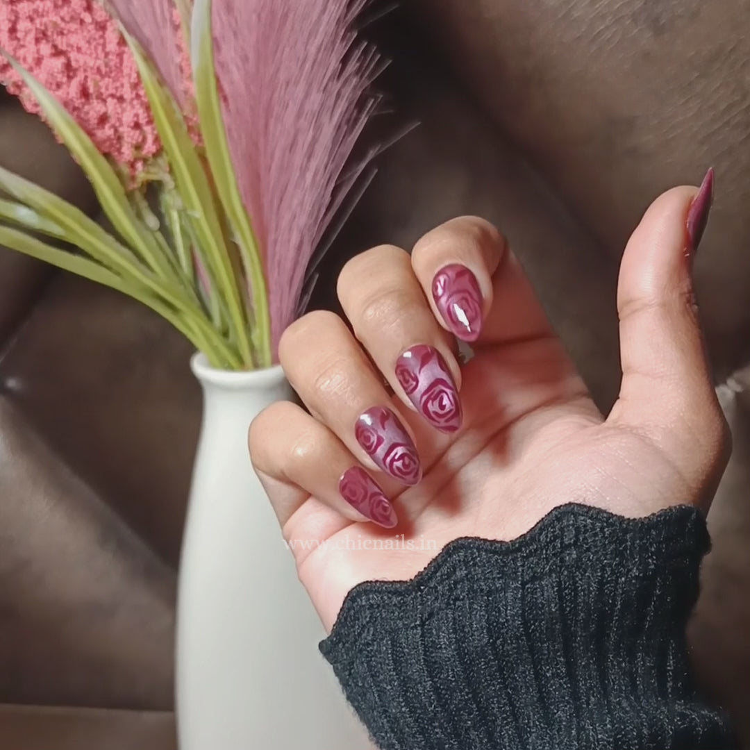 Rose Glow cat eye press on nails with rose nail art by Chic Nails India